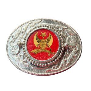 Vintage Shriner Masonic Belt Buckle Freemasons Floral Design Woth Logo Oval Red